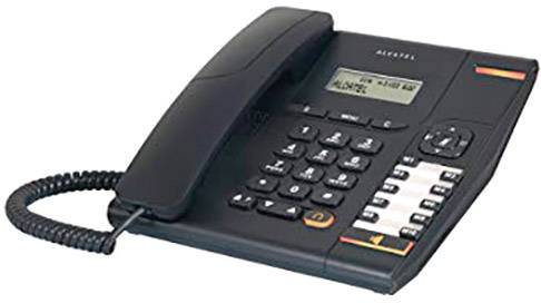 Telefono fisso bianco e nero con tastiera e display che mostra informazioni. Il ricevitore è poggiato sulla base.