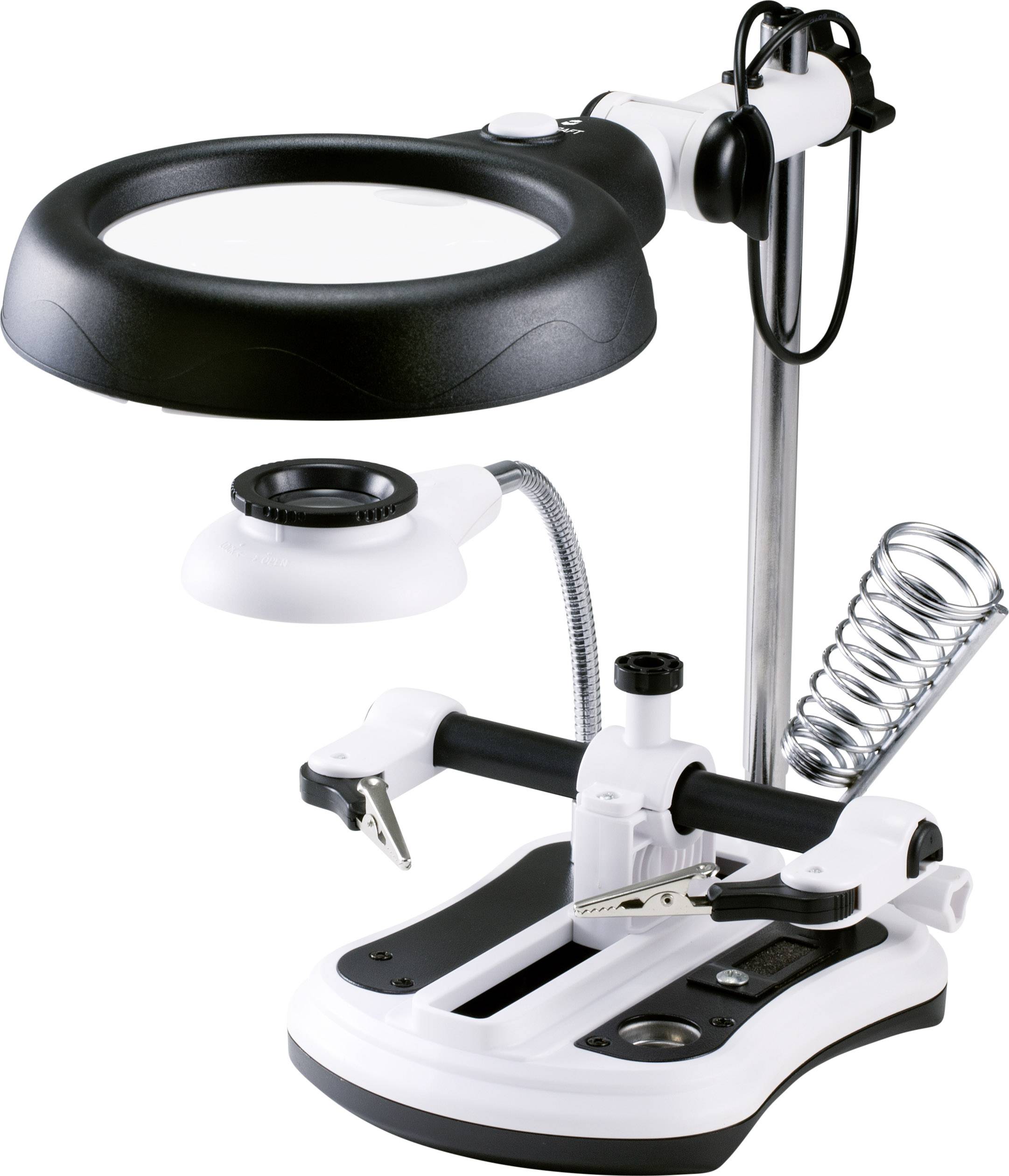 Lampada d'ingrandimento con supporti e lenti di ingrandimento per lavori di precisione, illuminata da un LED integrato.