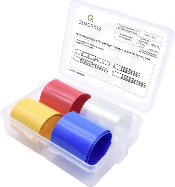 Quadrios 1905CA056 Termoretraibile per batterie senza colla Trasparente, Blu, Giallo, Rosso 19 mm 10 mm Restringimento:2:1 4 Parti