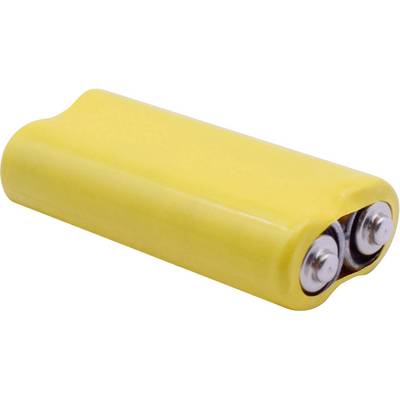 Pacco batteria giallo con due poli visibili.