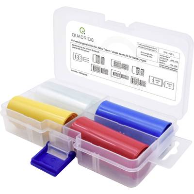 Scatola di plastica con quattro rulli colorati in plastica e un'etichetta. L'etichetta mostra esempi di utilizzo di guaine termorestringenti.