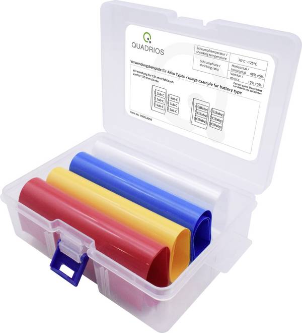 Quadrios 1905CA059 Termoretraibile per batterie senza colla Trasparente, Blu, Giallo, Rosso 77 mm 39 mm Restringimento:2:1 4 Parti
