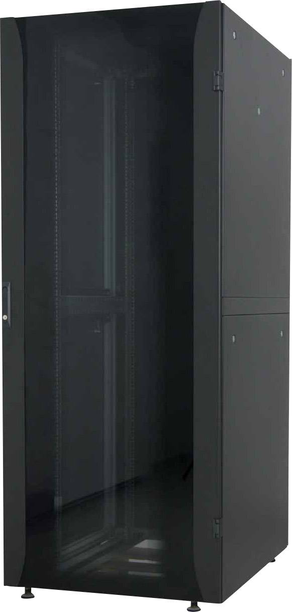 Un armadio rack per server nero con porta in vetro, idoneo per l'alloggiamento di apparecchiature di rete in un data center o in una sala server.