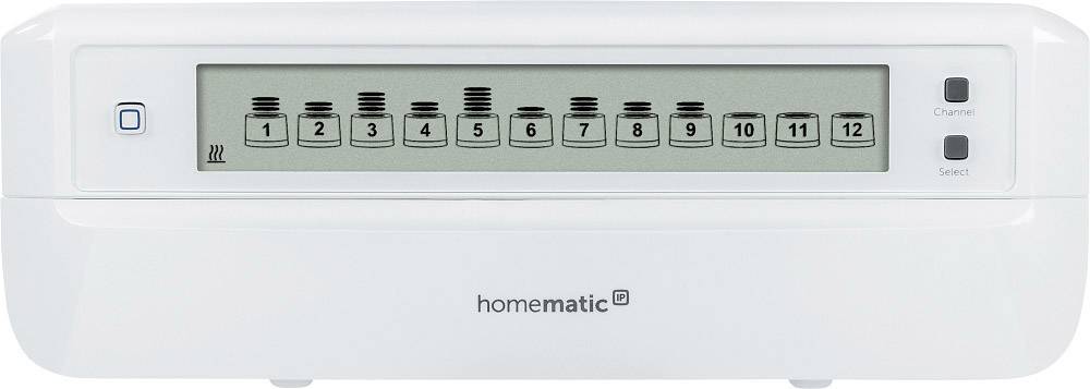 Un sistema di controllo del riscaldamento elettronico con display digitale che mostra i canali da 1 a 12. Dispositivo di 'homematic IP'.