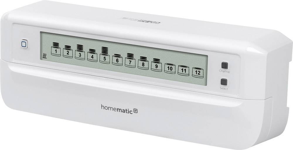Un dispositivo Homematic IP bianco con un display che mostra: 12 sezioni numerate. Due pulsanti a destra: 'Centrale' e 'Seleziona'.
