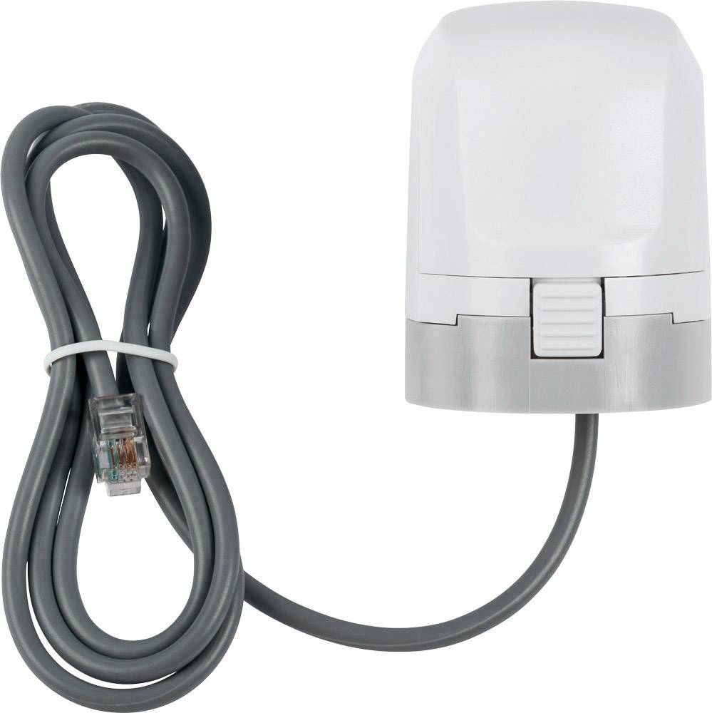 Un attuatore elettrico bianco con cavo grigio e connettore di rete, idoneo per sistemi di riscaldamento a pavimento.
