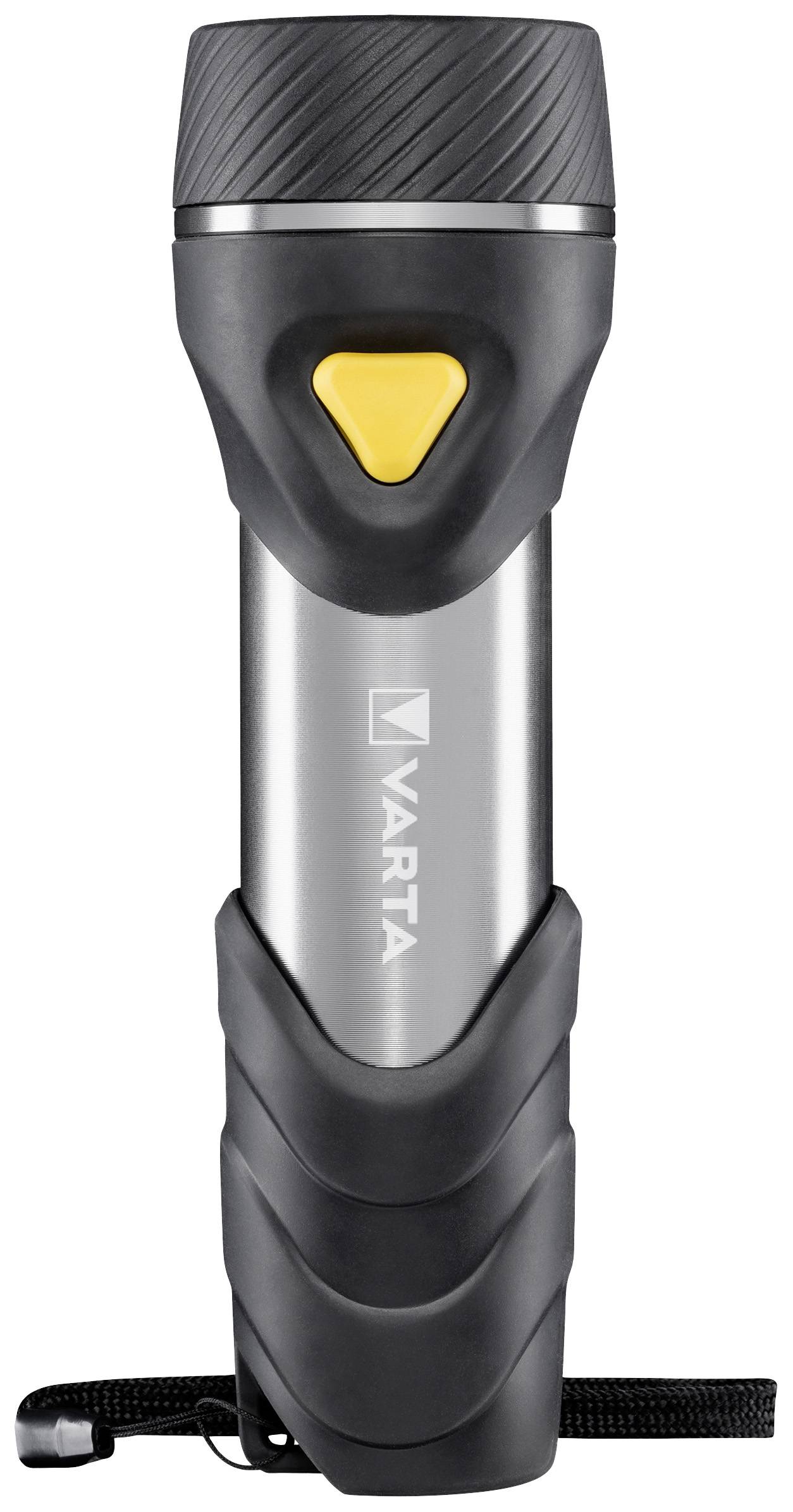 Una torcia argento-nera con interruttore giallo e design impugnatura antiscivolo. Nome del produttore 'VARTA' sul lato.