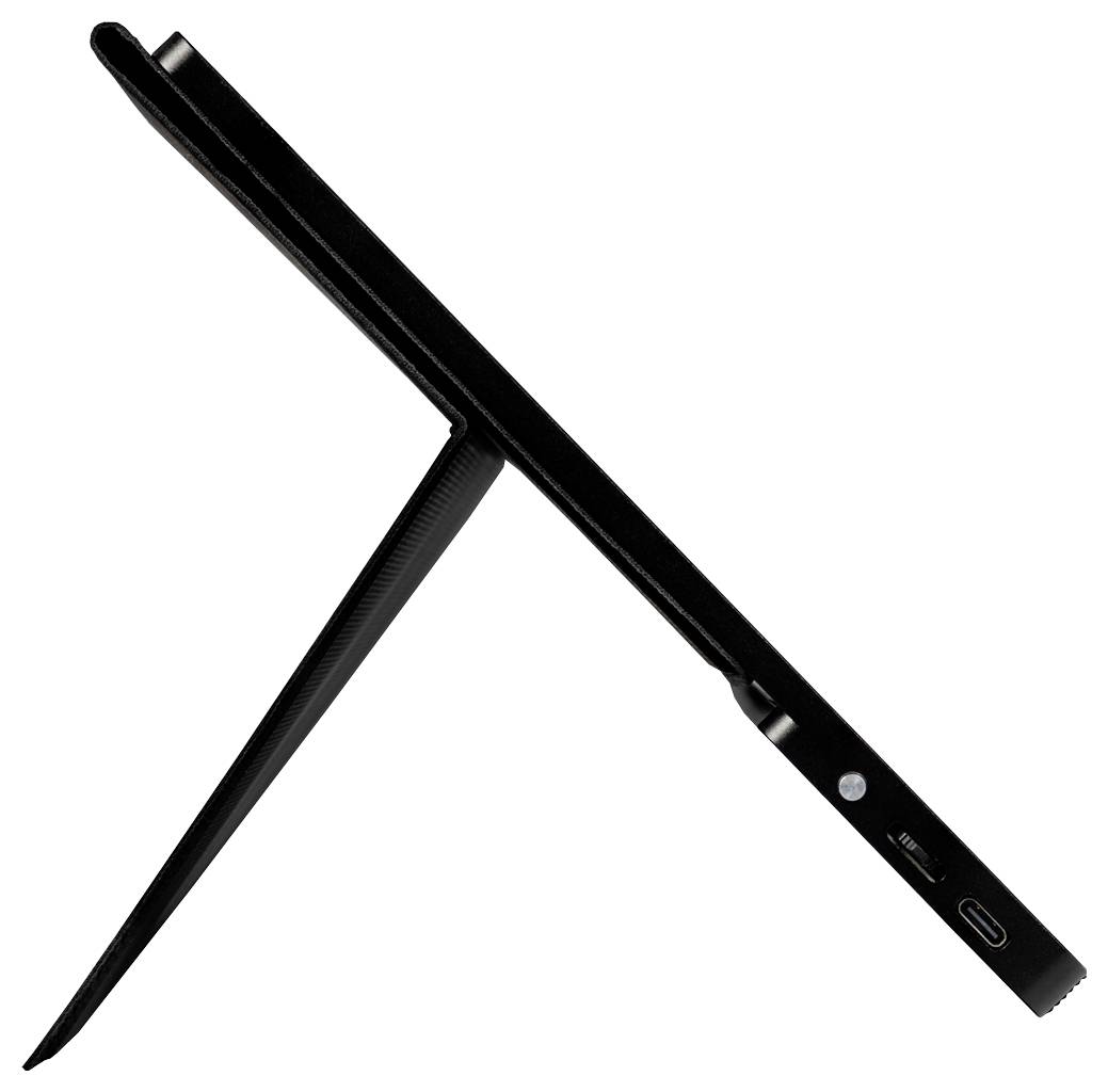 Un tablet nero e moderno di profilo con il supporto pieghevole, ideale per l'uso da scrivania.