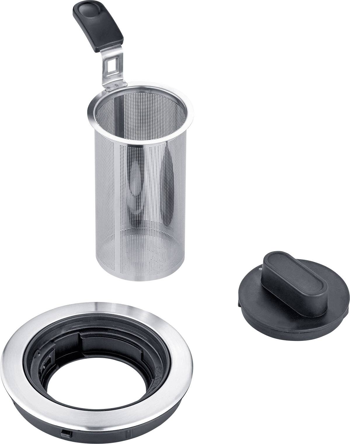 Colino in metallo con manico, cornice rotonda in acciaio inossidabile e coperchio in plastica. Utilizzato per la preparazione di tè o caffè.