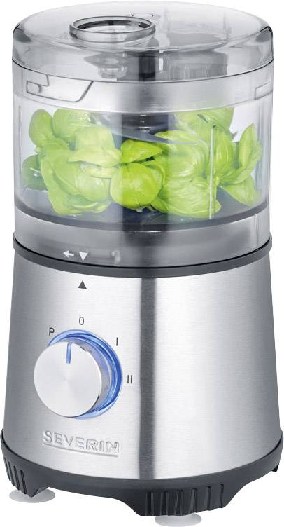 Tritacarne compatto in acciaio inossidabile con contenitore trasparente, riempito con verdure a foglia verde.