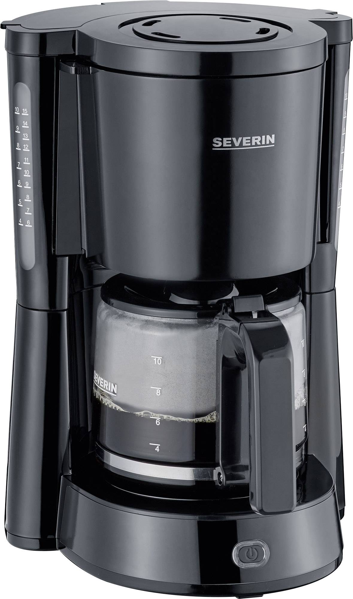 Macchina da caffè nera con caraffa di vetro e indicatore del livello dell'acqua sul lato. Nome del marchio visibile sulla parte anteriore.