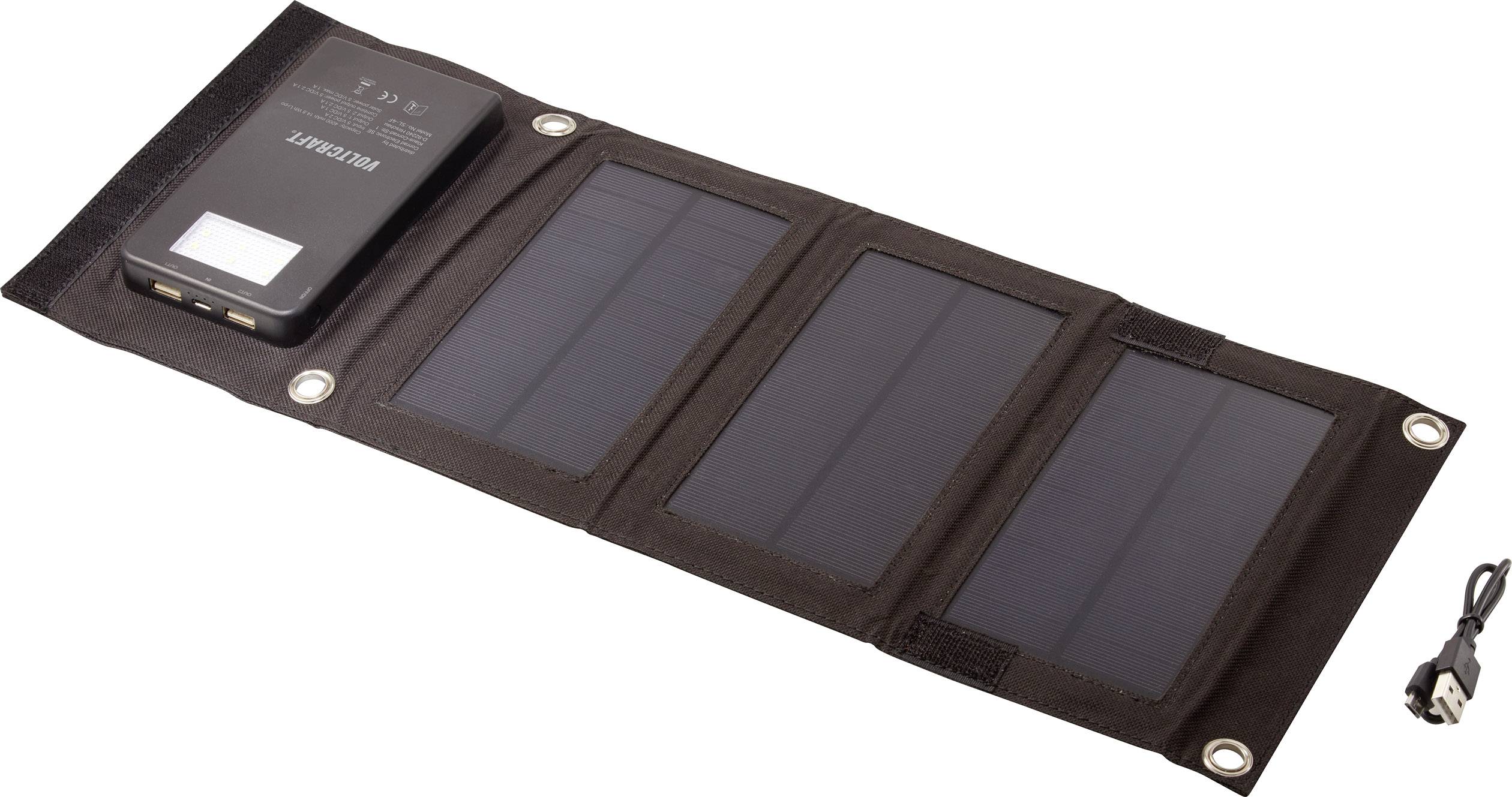 Caricabatterie solare portatile con tre pannelli solari, porta USB e display digitale per la ricarica di dispositivi durante gli spostamenti.