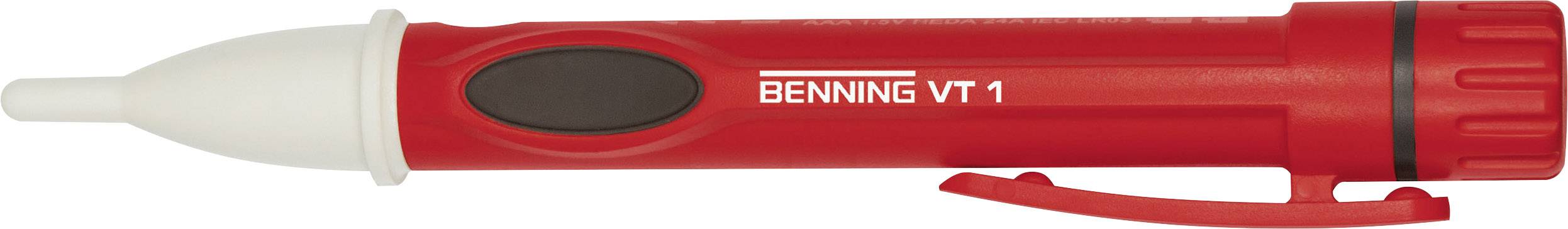 Tester di tensione rosso 'BENNING VT 1' con punta bianca e ovale nero, utilizzato per verificare le tensioni elettriche.