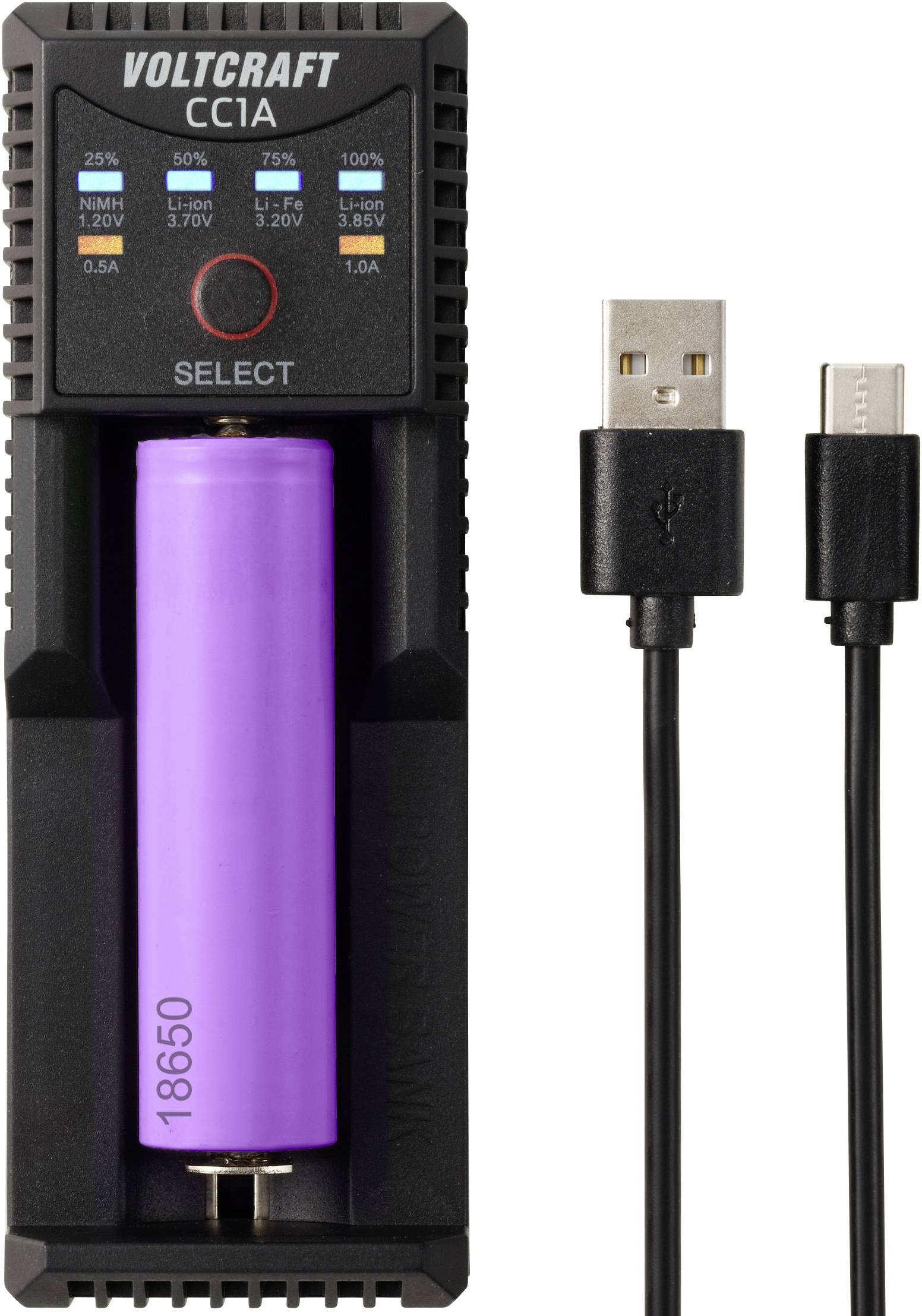 Un caricabatterie con un accumulatore 18650 viola inserito e un cavo di ricarica USB allegato.
