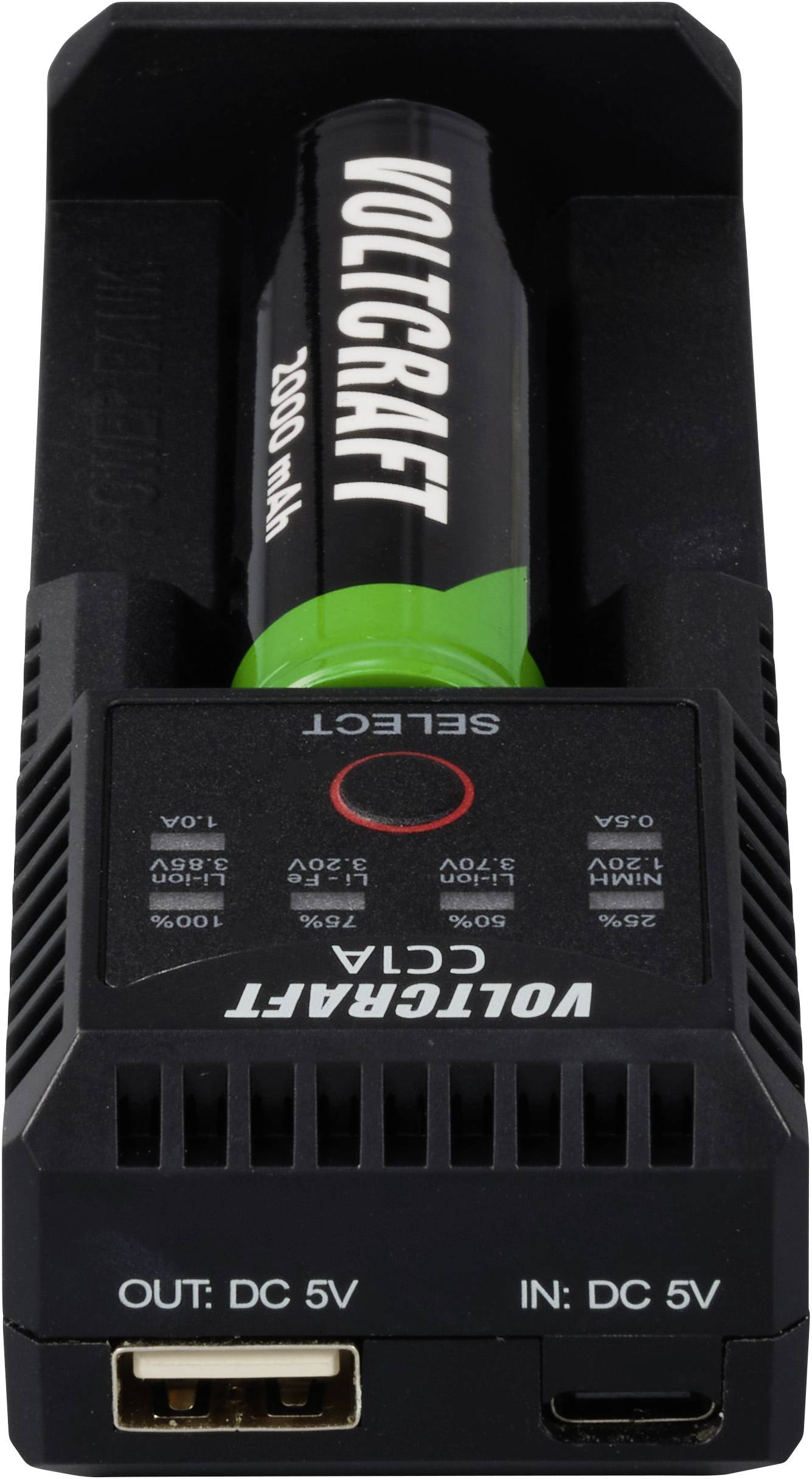 Caricabatterie 'Voltcraft C4' con batteria ricaricabile. Mostra le possibilità di connessione: OUT DC 5V, IN DC 5V. Batteria 'Voltcraft 2600 mAh' inserita.