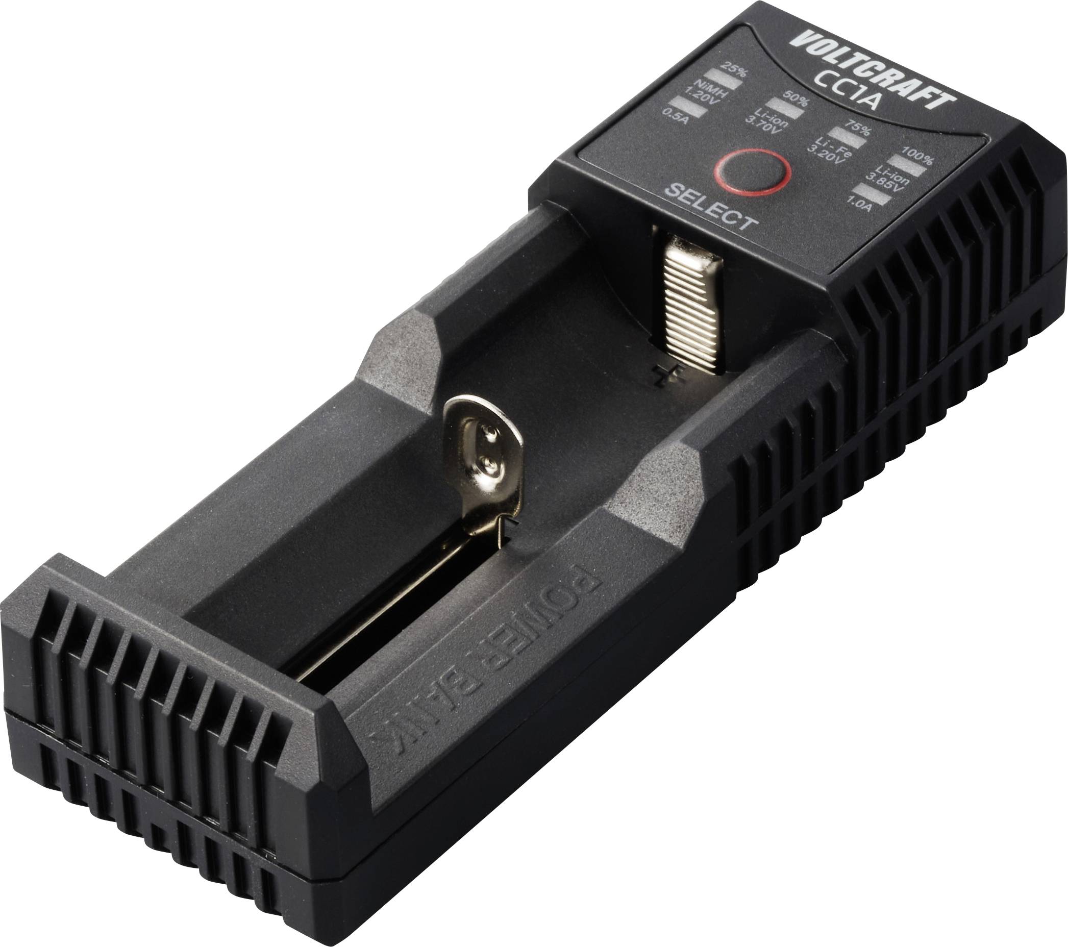 Caricabatterie con un vano di carica per diversi tipi di batterie. Dispone di un'area display e un pulsante di selezione.