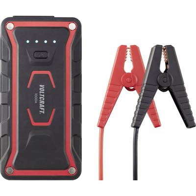 Un dispositivo portatile di avviamento e due cavi di collegamento, uno rosso e uno nero, per l'avviamento delle batterie dei veicoli.
