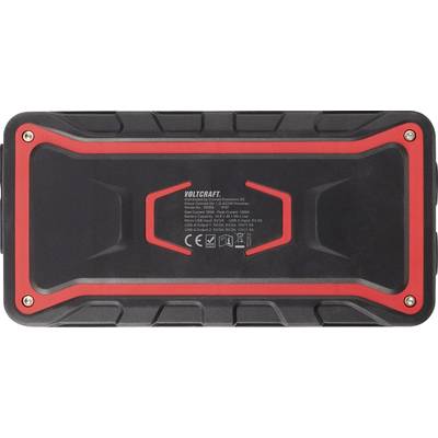Powerbank 'Voltcraft' in nero e rosso con specifiche tecniche nel mezzo. Ideale per applicazioni all'aperto grazie al design robusto.