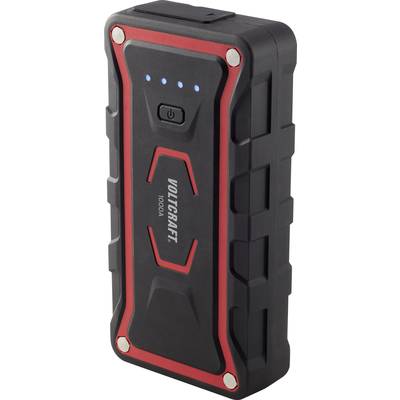 Un avviatore di emergenza portatile nero e rosso del marchio 'Voltcraft' con cinque indicatori LED luminosi sulla parte anteriore.