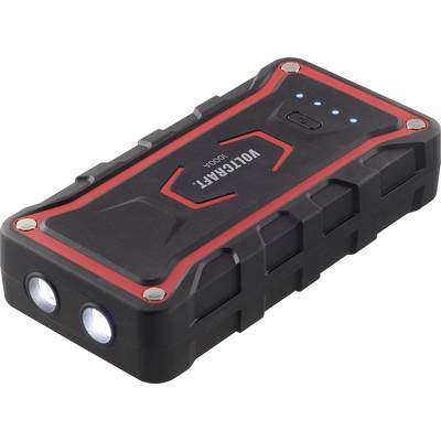 Caricabatterie portatile nero e rosso con due torce integrate e quattro indicatori LED blu sulla parte superiore.