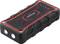 Caricabatterie portatile nero e rosso con due torce integrate e quattro indicatori LED blu sulla parte superiore.