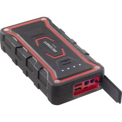 Una power bank portatile con design robusto, accenti rossi e quattro indicatori LED blu. Dispone di diversi porte sul lato anteriore.