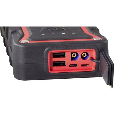 Un caricabatterie portatile di emergenza con due porte USB, un'uscita DC e un compartimento gommato chiuso per i collegamenti dei cavi.