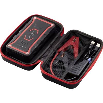 'Dispositivo portatile di avviamento per auto con cavi USB in borsa a tracolla aperta. Include morsetti per batteria e cavo di ricarica. Compatto e facile da trasportare.'