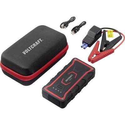Dispositivo portatile di avviamento per auto della marca Voltcraft, completo di caricabatterie, cavi e custodia protettiva. Ideale per emergenze e alimentazione mobile.