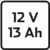 "12 V 13 Ah" su sfondo nero.