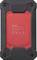 Retro di un dispositivo portatile con avvisi di sicurezza, informazioni sulla batteria e sulla ricarica. Involucro rosso e nero, quattro viti visibili.