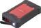 Powerbank portatile rossa e nera con torcia LED integrata e porta USB sul lato.