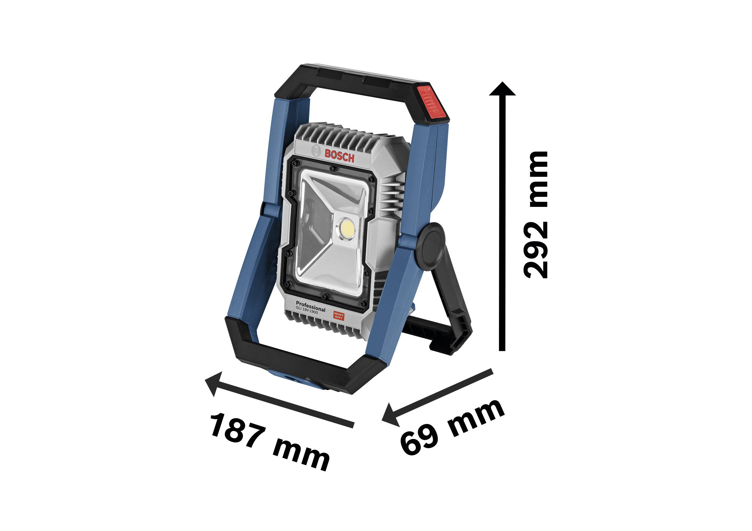 Faro da cantiere Bosch, portatile, dimensioni: 187 mm x 69 mm x 292 mm.