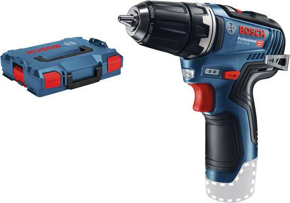 Trapano avvitatore con valigetta, blu-nero, marca Bosch, modello GSR 12V-15. Compatto, ergonomico, pensato per applicazioni professionali.