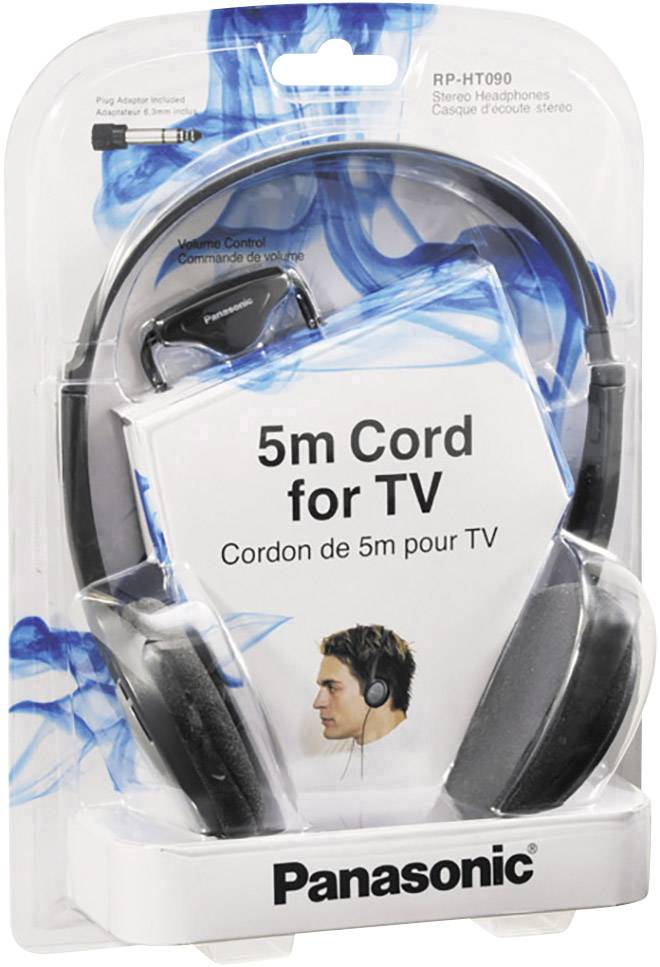 Cuffie Panasonic RP-HT090 per TV, cavo da 5 m, colore nero. Confezione che mostra le cuffie con il cavo e una foto di una persona che indossa le cuffie.