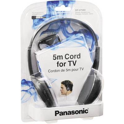 Cuffie Panasonic RP-HT090 per TV, cavo da 5 m, colore nero. Confezione che mostra le cuffie con il cavo e una foto di una persona che indossa le cuffie.