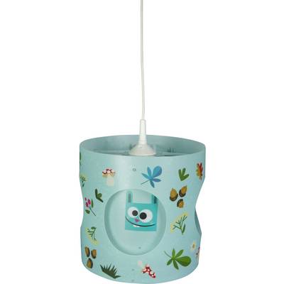 Lampada a sospensione con motivo animale adatto ai bambini e pattern vegetali su sfondo turchese.