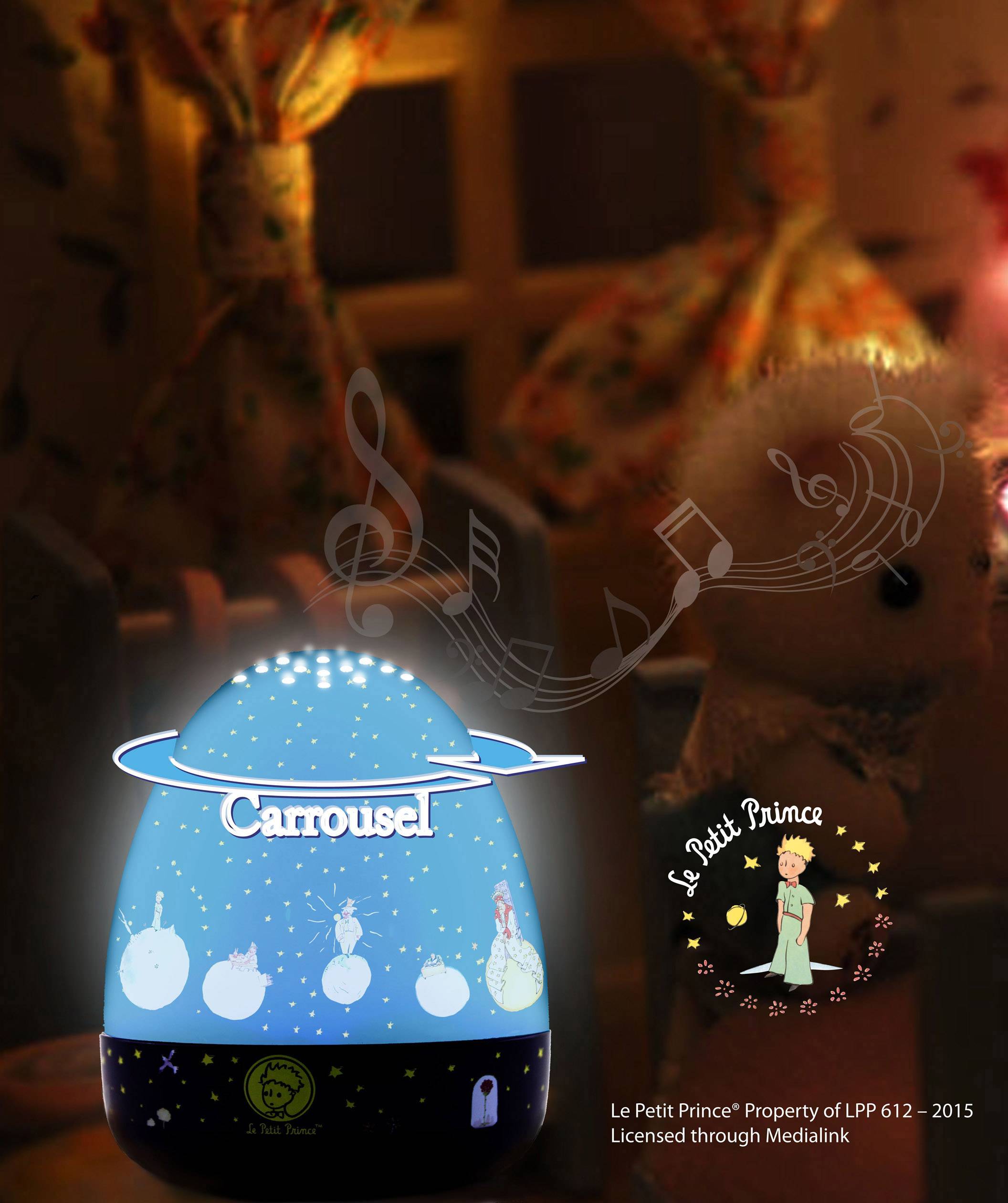 Luce notturna a forma di ovale, raffigura i motivi de 'Il Piccolo Principe'. Illumina un ambiente buio in modo accogliente, con note musicali sullo sfondo.