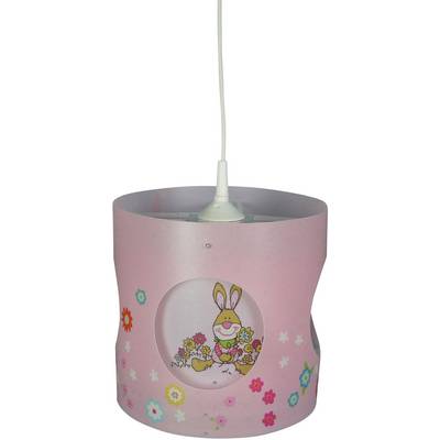 Una lampada rosa per bambini con fiori colorati e un motivo centrale di un coniglietto sorridente. Il coniglietto tiene dei fiori tra le zampe.