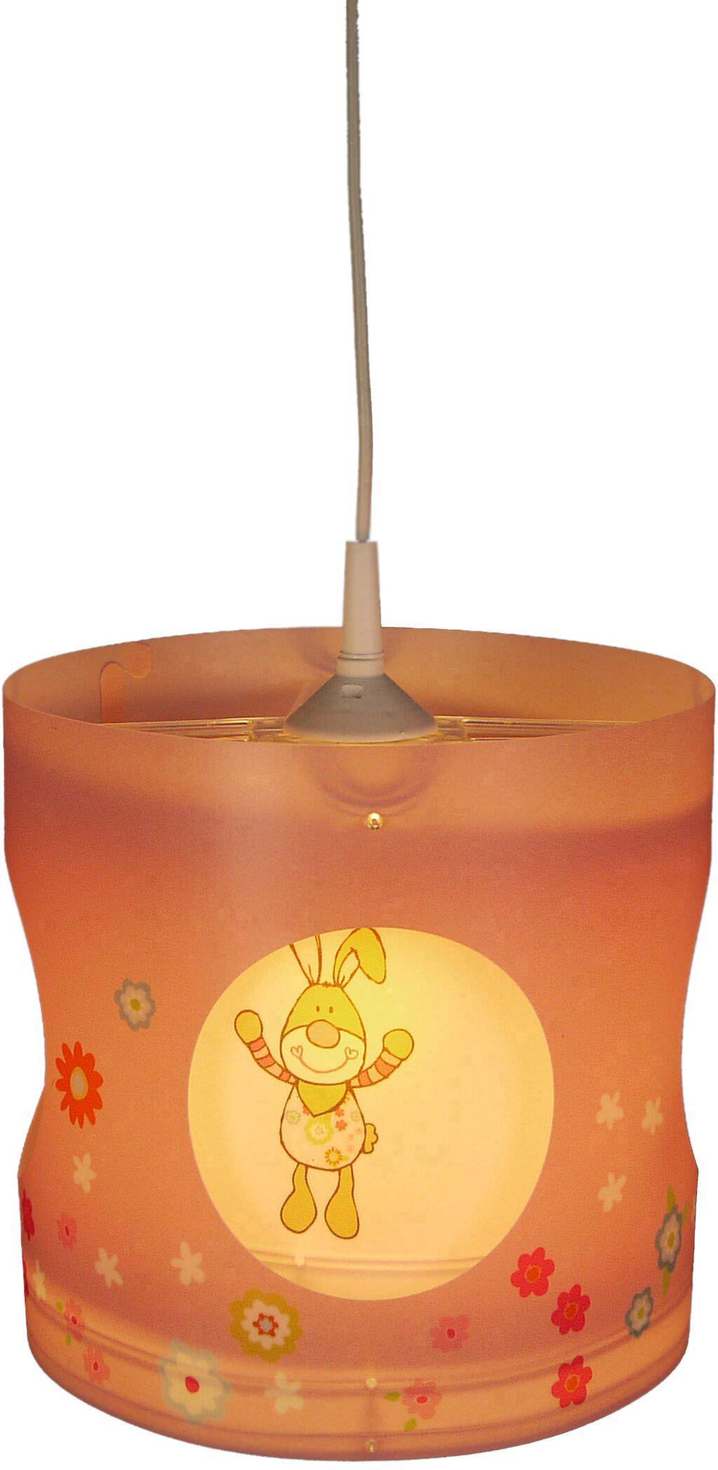 Una lampada per cameretta con tonalità rosa e arancio, decorata con fiori e un motivo centrale di un coniglietto sorridente.