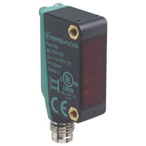 Sensore della marca Pepperl+Fuchs, modello ML100-55, con dettagli di connessione e certificazioni sul fronte.