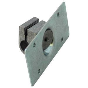 Serratura per armadietto metallico, piastra rettangolare con apertura circolare centrale, adatta per porte o armadi.