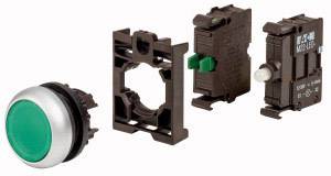 'Parti smontate di un set di interruttori a pulsante verde, composto da un pulsante, un supporto e due contatti elettrici.'