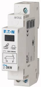 Un interruttore automatico elettrico bianco del marchio Eaton con stampe tecniche e un interruttore on/off.