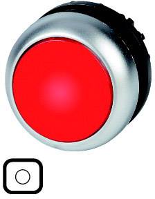 Un pulsante rotondo, luminoso e rosso con bordo argentato. Sotto di esso, un semplice simbolo quadrato di un pulsante.