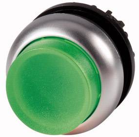 Bottone verde in una cornice argentata, spesso utilizzato come interruttore elettrico in macchine o dispositivi.