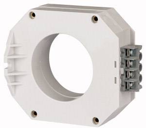 Un trasformatore di corrente elettrico bianco con un'apertura circolare e morsetti di connessione sul lato, utilizzato per misurare e monitorare correnti elettriche.