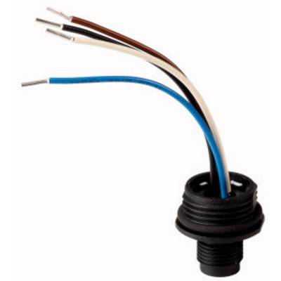 Presa elettrica nera con quattro cavi sporgenti di colori diversi: rosso, marrone, bianco e blu.