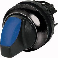 Un interruttore rotante nero con un manico blu, utilizzato per funzioni di controllo o regolazione.