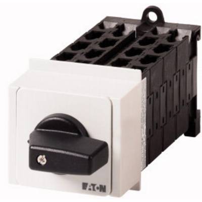Un interruttore rotativo elettrico Eaton con impugnatura nera su un involucro bianco, utilizzato per il controllo di circuiti elettrici.